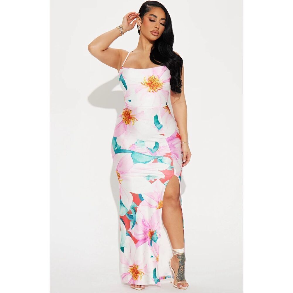 iris White Floral Maxi Dress with Pink & Teal Accents